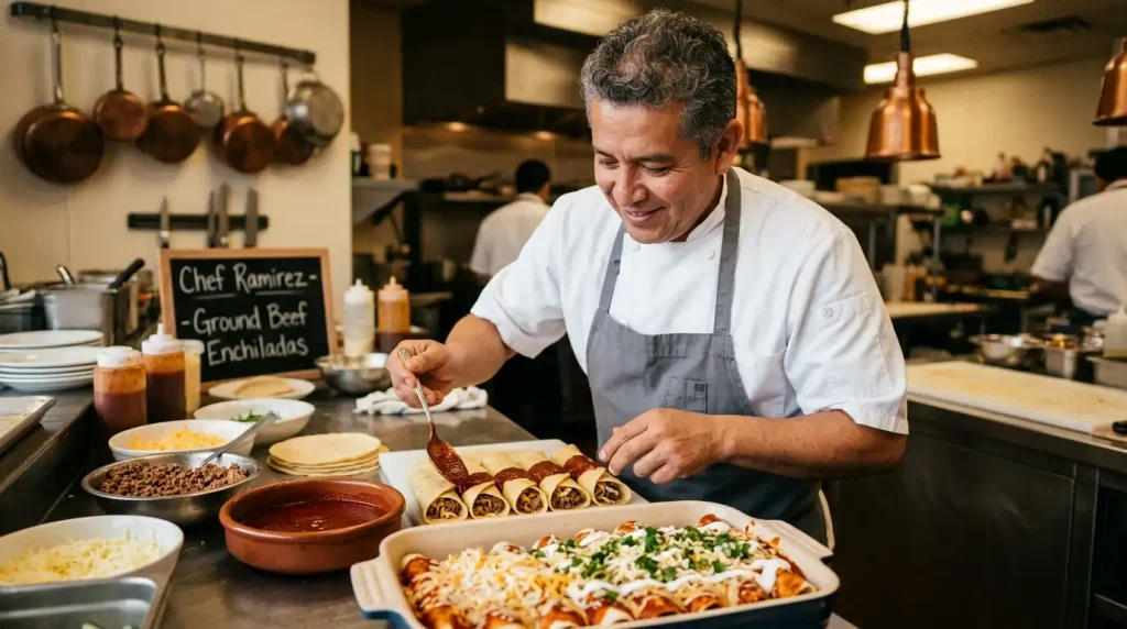 Ground Beef Enchiladas with Red Sauce