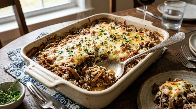 French Onion Ground Beef & Rice Casserole