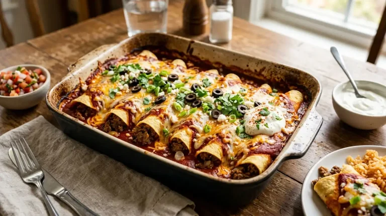 Ground Beef Enchiladas with Red Sauce – Cheesy, Flavorful & Easy Family Dinner