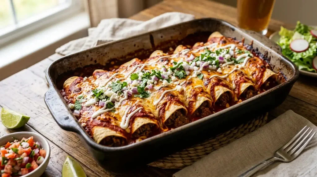Ground Beef Enchiladas with Red Sauce